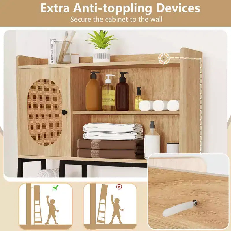 Meuble de rangement WC au-dessus des toilettes avec porte en rotin PE