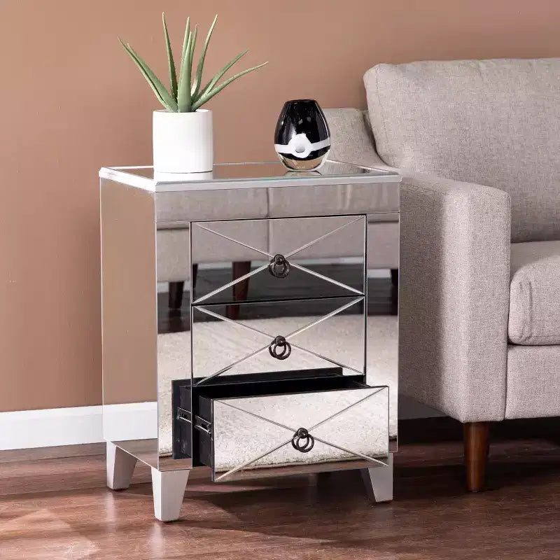 Table de chevet avec tiroirs en miroir - Argent - SEI