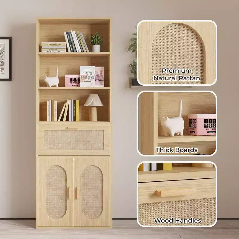 Meuble de rangement en rotin, 3 étagères, 1 tiroir, 2 portes, H 180 cm