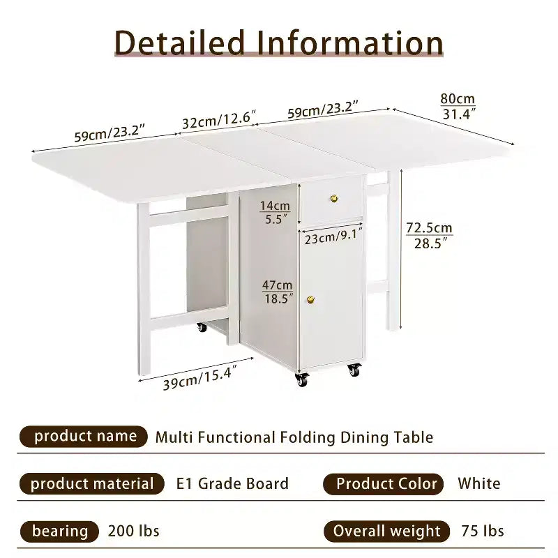Table pliante de 150 cm sans assemblage requis, Table à manger rectangulaire en bois extensible avec roues et rangement