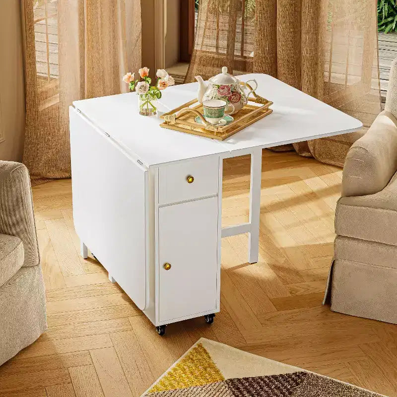Table pliante de 150 cm sans assemblage requis, Table à manger rectangulaire en bois extensible avec roues et rangement