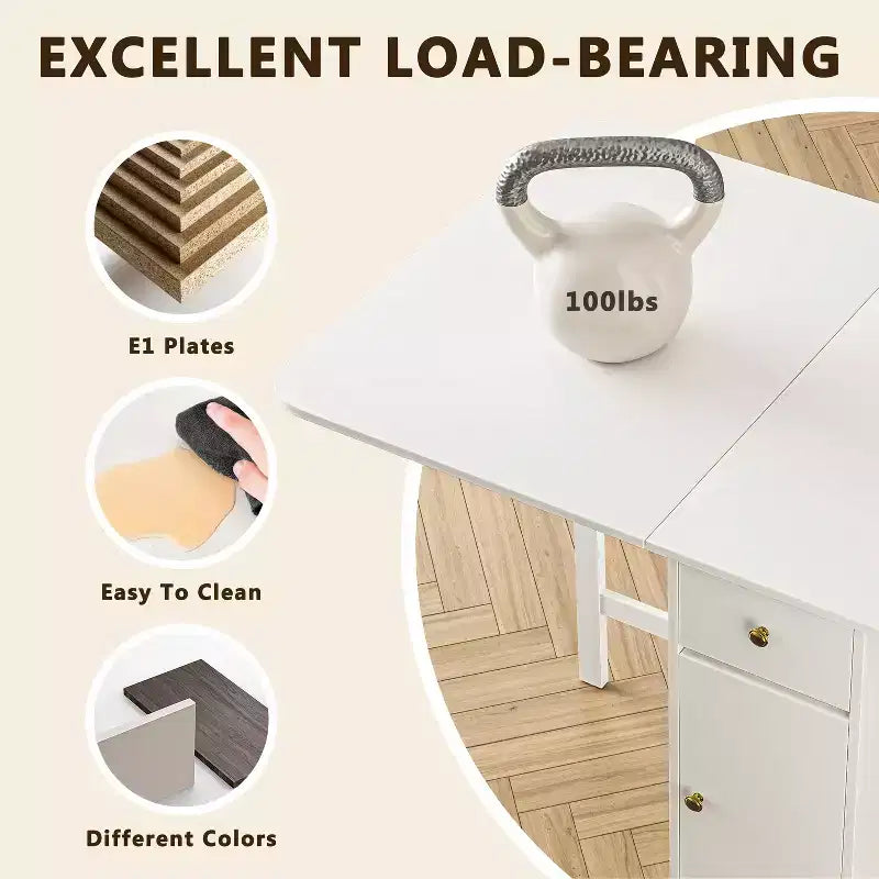 Table pliante de 150 cm sans assemblage requis, Table à manger rectangulaire en bois extensible avec roues et rangement