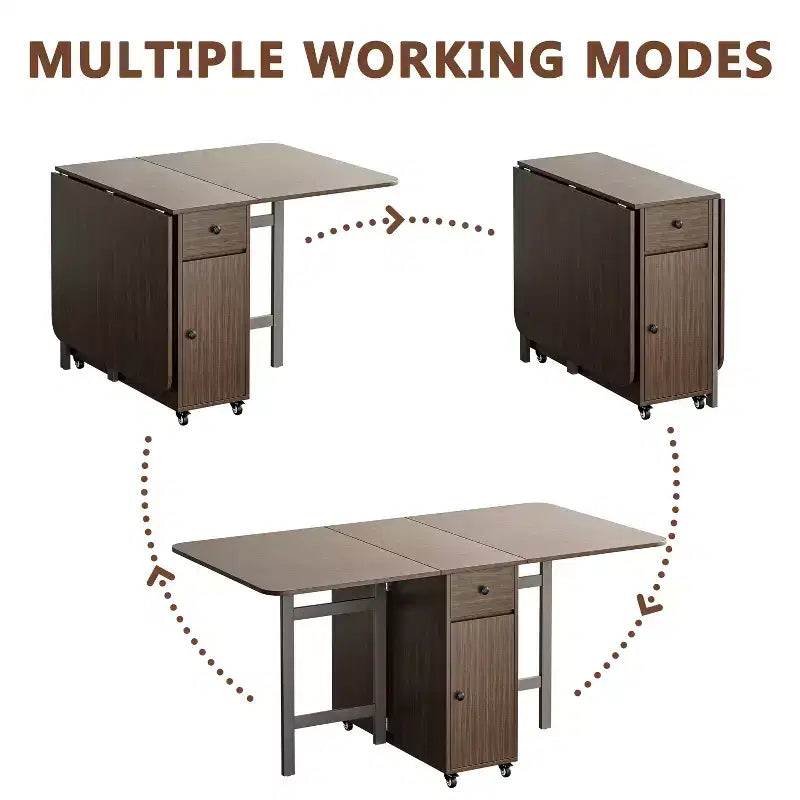 Table pliante de 150 cm sans assemblage requis, Table à manger rectangulaire en bois extensible avec roues et rangement