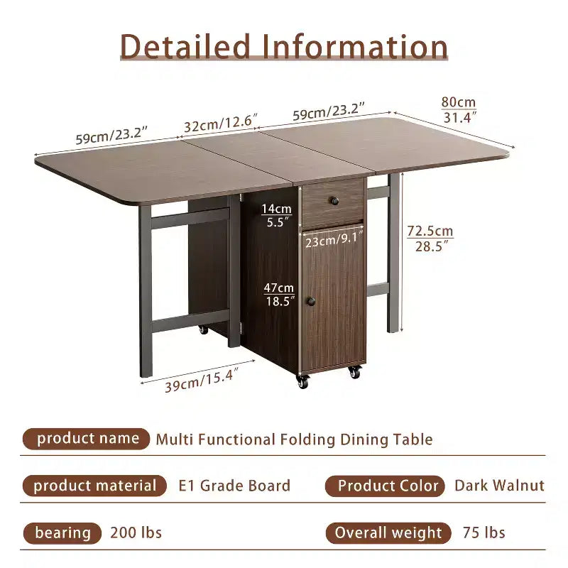 Table pliante de 150 cm sans assemblage requis, Table à manger rectangulaire en bois extensible avec roues et rangement