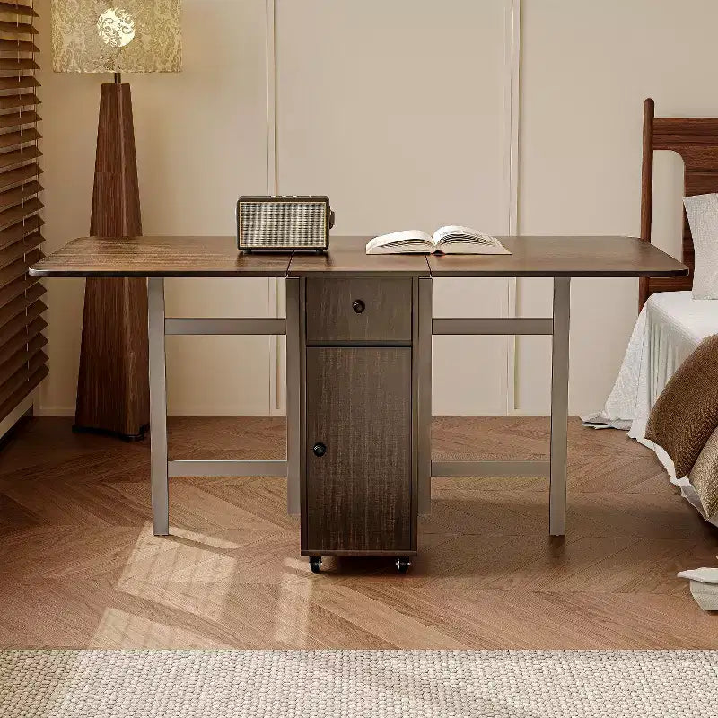 Table pliante de 150 cm sans assemblage requis, Table à manger rectangulaire en bois extensible avec roues et rangement