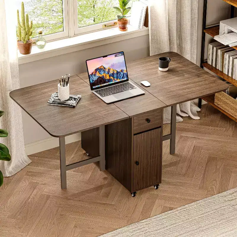 Table pliante de 150 cm sans assemblage requis, Table à manger rectangulaire en bois extensible avec roues et rangement