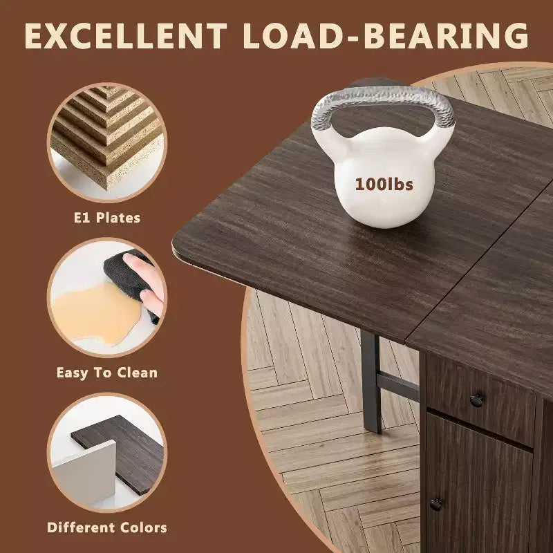 Table pliante de 150 cm sans assemblage requis, Table à manger rectangulaire en bois extensible avec roues et rangement