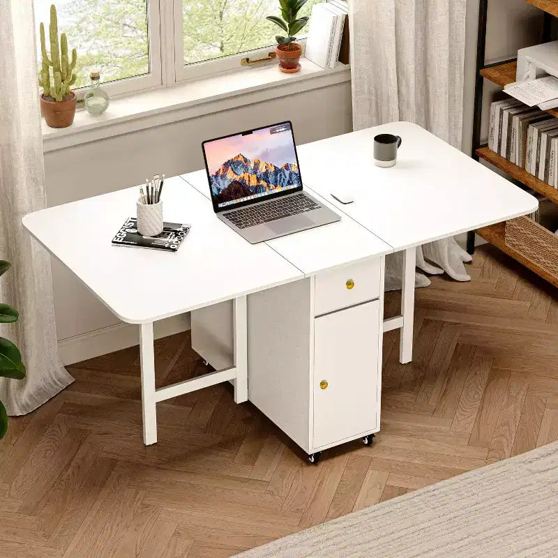 Table pliante de 150 cm sans assemblage requis, Table à manger rectangulaire en bois extensible avec roues et rangement