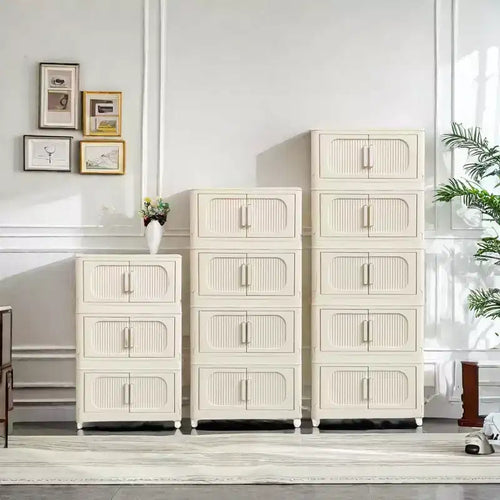 Meuble de rangement pliant en plastique 3 niveaux de 19,69 po de côté avec porte magnétique et roulettes, blanc cassé pour le salon