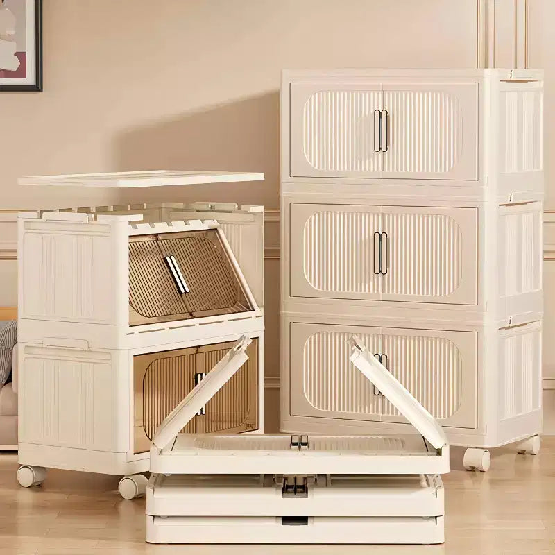 Meuble de rangement pliant en plastique 3 niveaux de 19,69 po de côté avec porte magnétique et roulettes, blanc cassé pour le salon