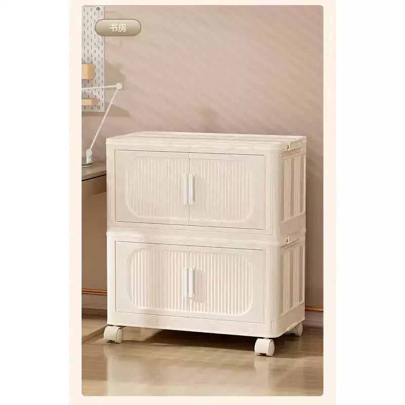 Meuble de rangement pliant en plastique 3 niveaux de 19,69 po de côté avec porte magnétique et roulettes, blanc cassé pour le salon