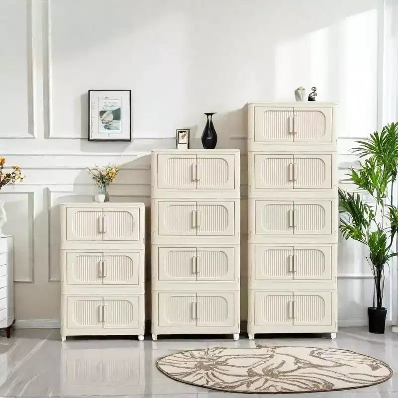 Meuble de rangement pliant en plastique 3 niveaux de 19,69 po de côté avec porte magnétique et roulettes, blanc cassé pour le salon