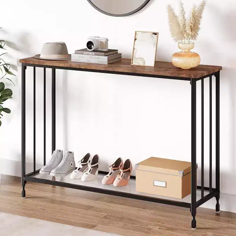 Console industrielle de 41,5 pouces, table d'entrée étroite avec étagère en verre et cadre en métal, table derrière le canapé pour couloir, salon