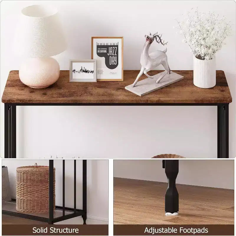 Console industrielle de 41,5 pouces, table d'entrée étroite avec étagère en verre et cadre en métal, table derrière le canapé pour couloir, salon