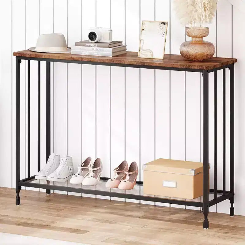 Console industrielle de 41,5 pouces, table d'entrée étroite avec étagère en verre et cadre en métal, table derrière le canapé pour couloir, salon