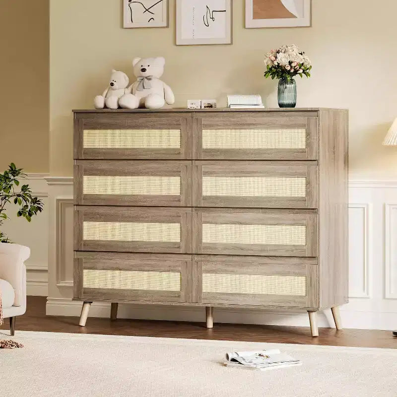 Commode en rotin à 8 tiroirs, armoire de rangement en bois finition naturelle