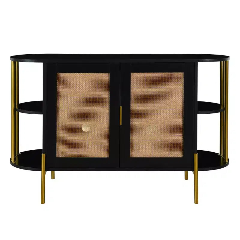 Buffet 2 portes incurvé avec garniture dorée et porte tissée - Noir