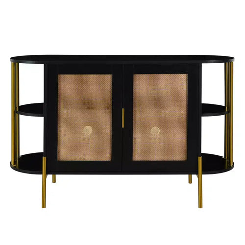 Buffet 2 portes incurvé avec garniture dorée et porte tissée - Noir
