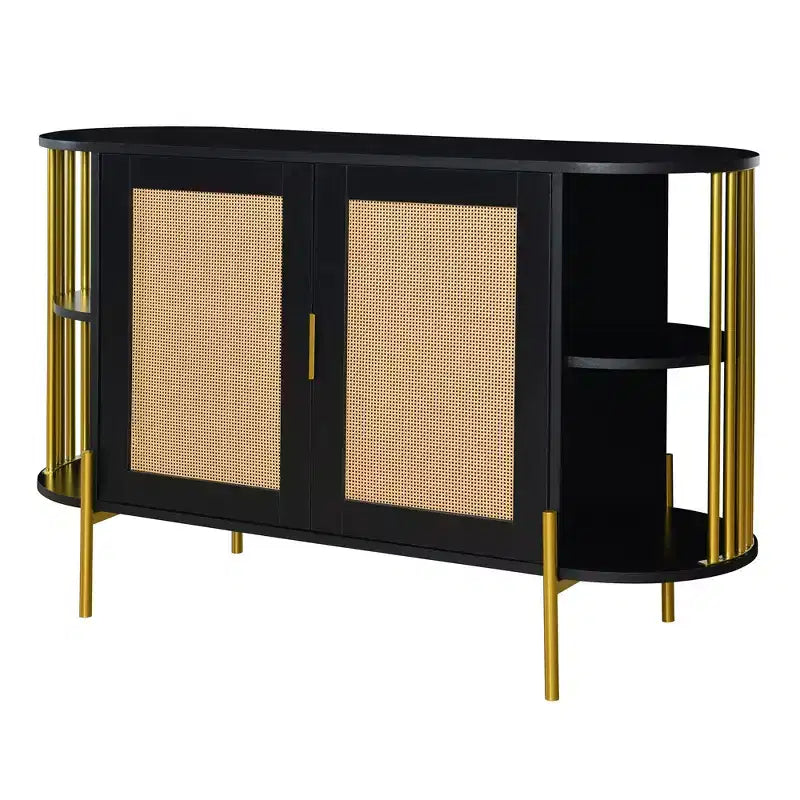 Buffet 2 portes incurvé avec garniture dorée et porte tissée - Noir