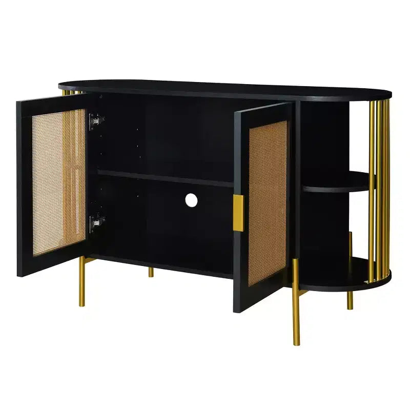 Buffet 2 portes incurvé avec garniture dorée et porte tissée - Noir