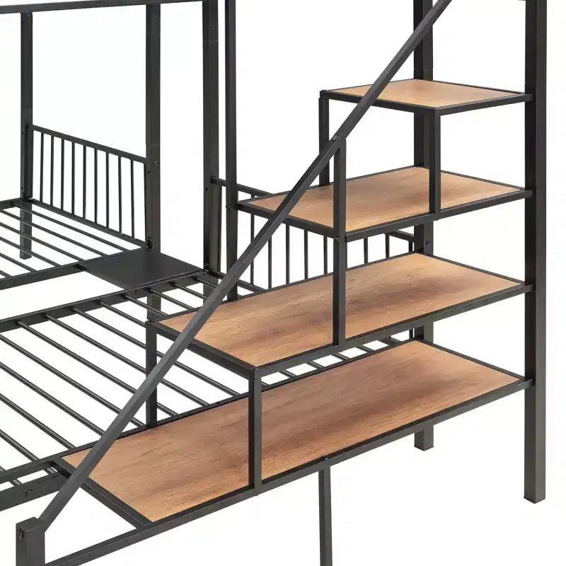 Lit superposé triple en métal, double sur double, avec tiroirs et escalier de rangement, noir