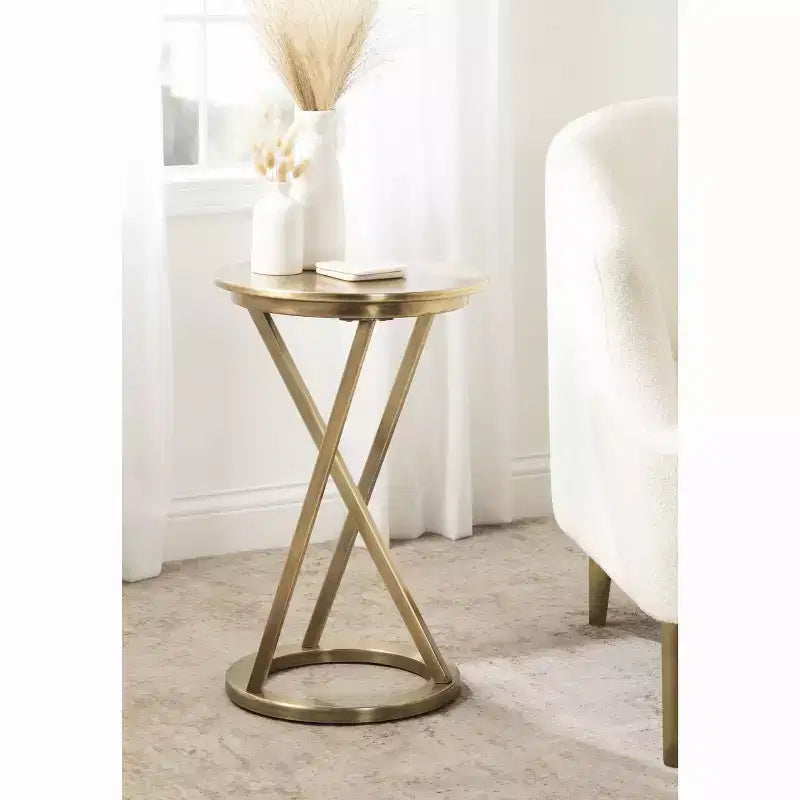 Table d'appoint ronde en métal au fini laiton antique