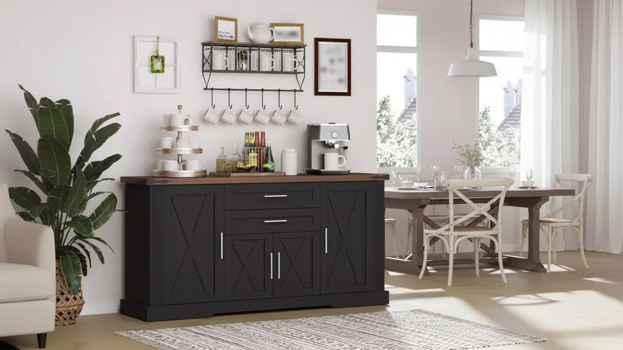 63 Sideboard Buffet Cabinet, Entryway Coffee Bar Cabinet with 2 Drawers & Adjustable Shelves, Wood Console Table, Floor Cupboard Cabinet