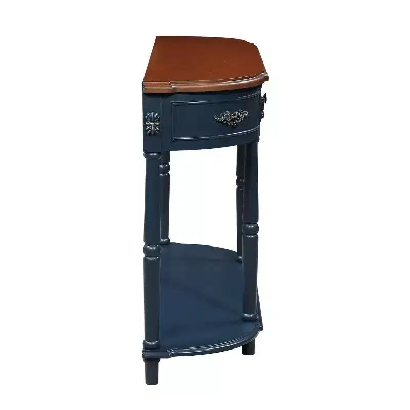Console de 52 po en bois courbé de style rétro avec étagère ouverte et 2 tiroirs - Bleu marine et marron