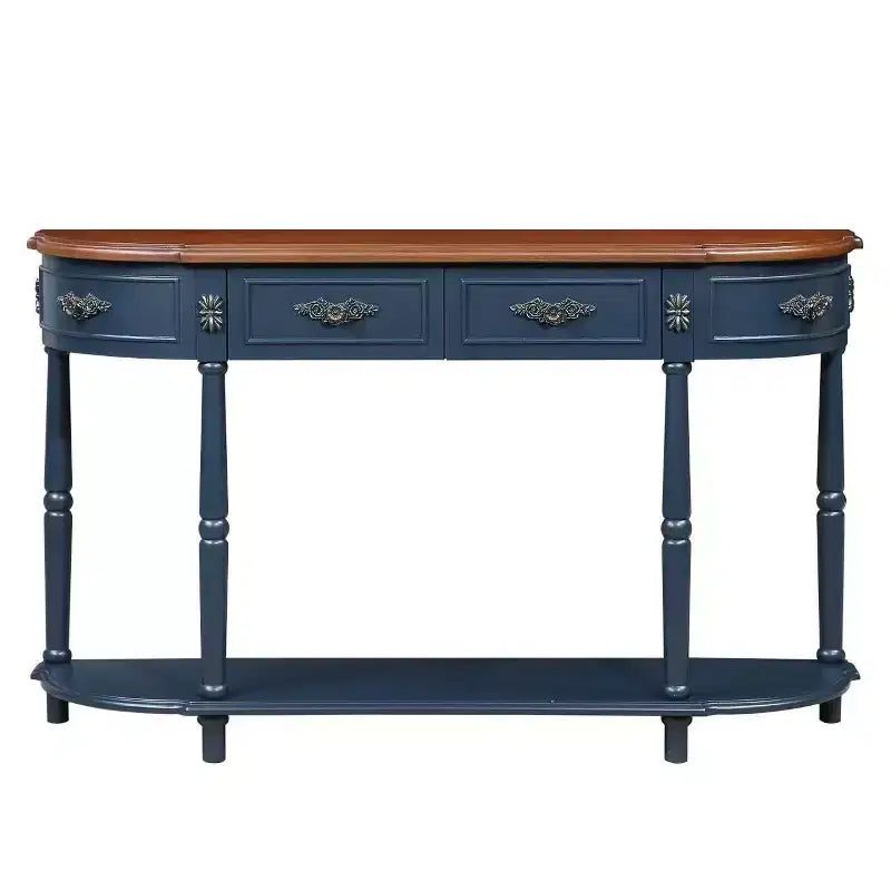Console de 52 po en bois courbé de style rétro avec étagère ouverte et 2 tiroirs - Bleu marine et marron