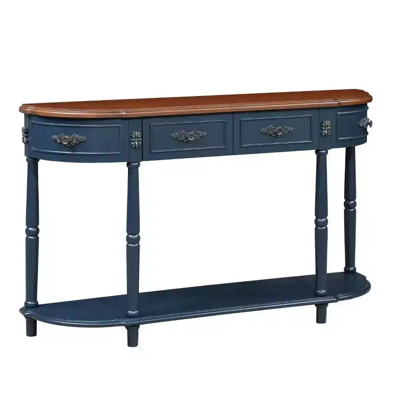 Console de 52 po en bois courbé de style rétro avec étagère ouverte et 2 tiroirs - Bleu marine et marron