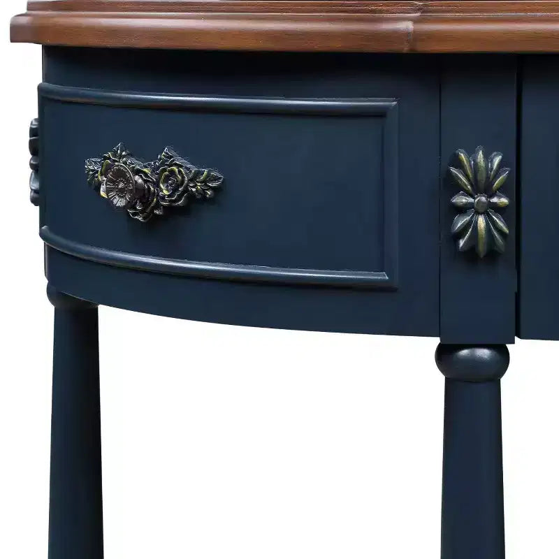 Console de 52 po en bois courbé de style rétro avec étagère ouverte et 2 tiroirs - Bleu marine et marron