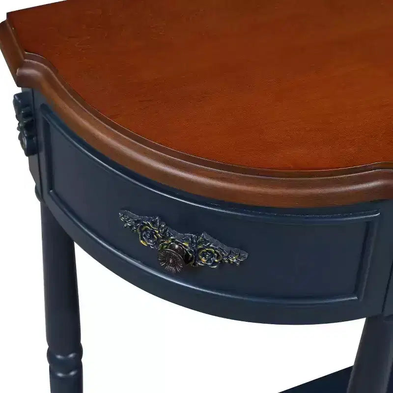 Console de 52 po en bois courbé de style rétro avec étagère ouverte et 2 tiroirs - Bleu marine et marron