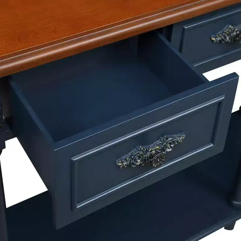 Console de 52 po en bois courbé de style rétro avec étagère ouverte et 2 tiroirs - Bleu marine et marron
