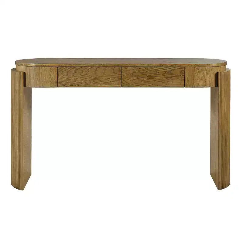 Console avec plateau ovale en bois de pin, finition grain de bois naturel et 2 tiroirs pour entrée et salon