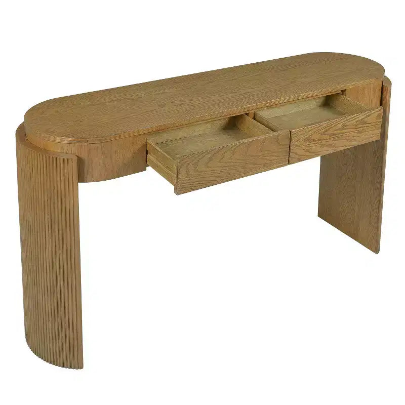 Console avec plateau ovale en bois de pin, finition grain de bois naturel et 2 tiroirs pour entrée et salon