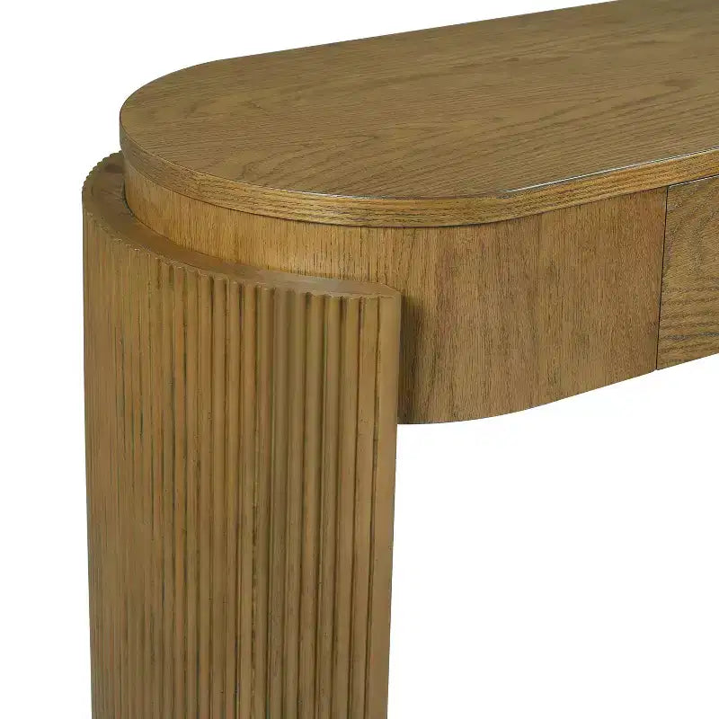 Console avec plateau ovale en bois de pin, finition grain de bois naturel et 2 tiroirs pour entrée et salon