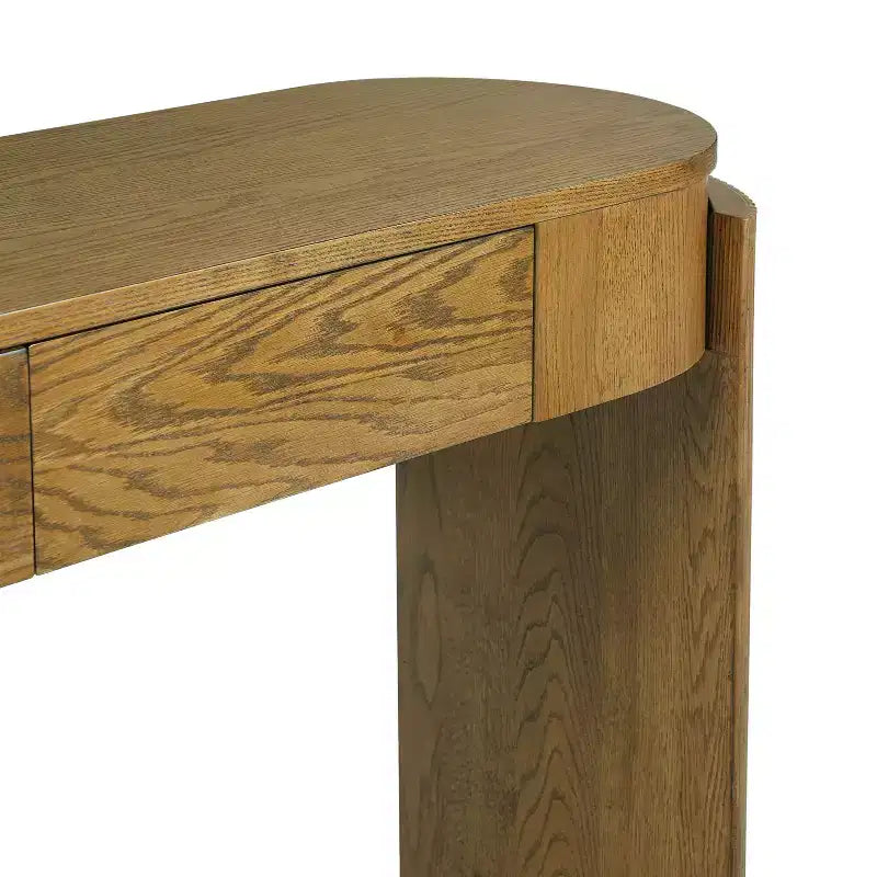 Console avec plateau ovale en bois de pin, finition grain de bois naturel et 2 tiroirs pour entrée et salon