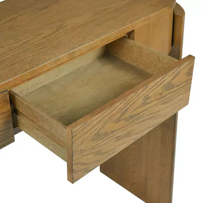 Console avec plateau ovale en bois de pin, finition grain de bois naturel et 2 tiroirs pour entrée et salon