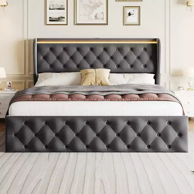 Cadre de lit King Size avec tête de lit capitonnée à oreilles et 4 tiroirs, lit plateforme en velours, sommier tapissier non requis