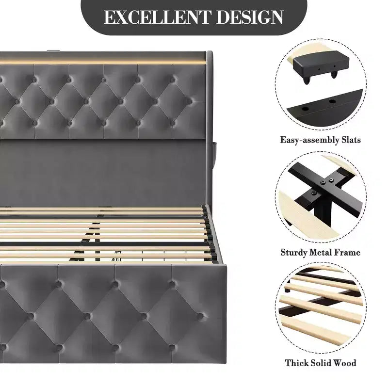 Cadre de lit King Size avec tête de lit capitonnée à oreilles et 4 tiroirs, lit plateforme en velours, sommier tapissier non requis