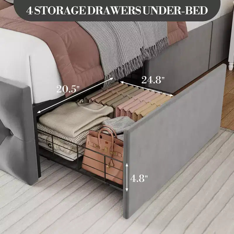 Cadre de lit King Size avec tête de lit capitonnée à oreilles et 4 tiroirs, lit plateforme en velours, sommier tapissier non requis