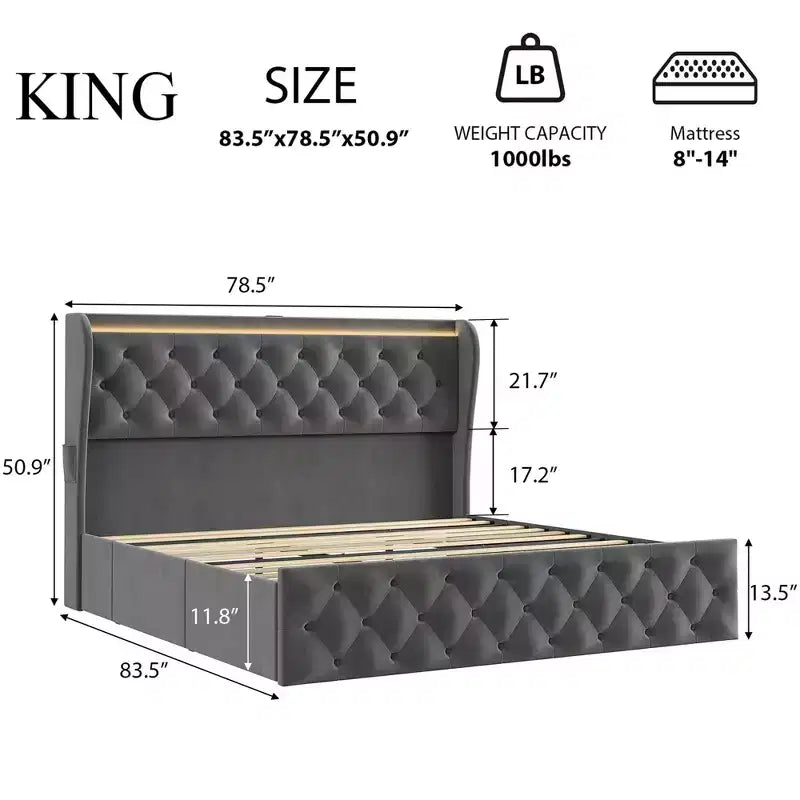Cadre de lit King Size avec tête de lit capitonnée à oreilles et 4 tiroirs, lit plateforme en velours, sommier tapissier non requis