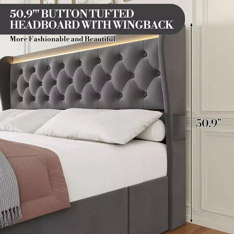 Cadre de lit King Size avec tête de lit capitonnée à oreilles et 4 tiroirs, lit plateforme en velours, sommier tapissier non requis