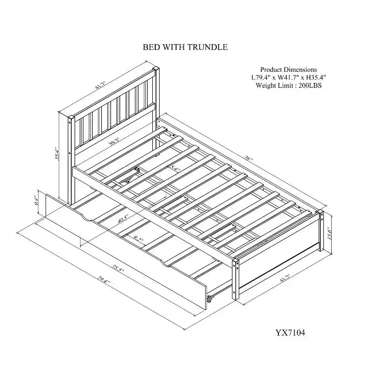 Cadre de lit double avec lit gigogne, plateforme en bois avec tête de lit, aucun sommier tapissier requis, gris