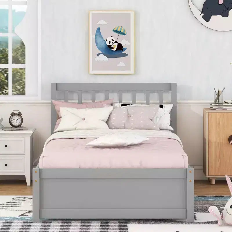 Cadre de lit double avec lit gigogne, plateforme en bois avec tête de lit, aucun sommier tapissier requis, gris
