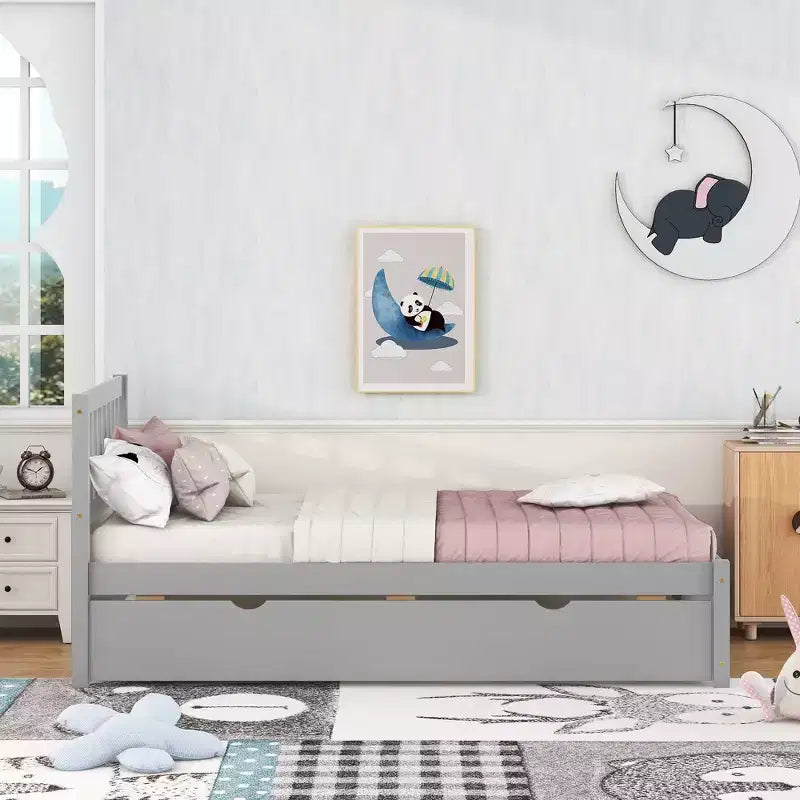Cadre de lit double avec lit gigogne, plateforme en bois avec tête de lit, aucun sommier tapissier requis, gris