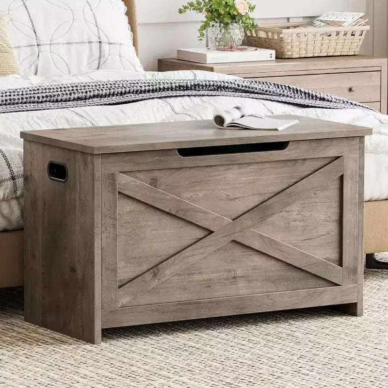 Banc de rangement de 119 cm avec charnière de sécurité, grande malle à jouets en bois pour chambre ou entrée