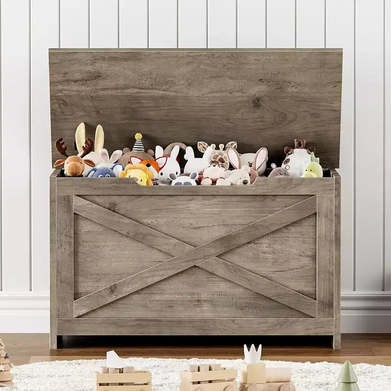 Banc de rangement de 119 cm avec charnière de sécurité, grande malle à jouets en bois pour chambre ou entrée