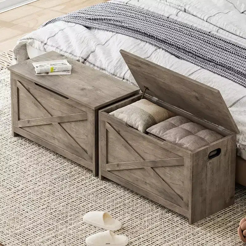Banc de rangement de 119 cm avec charnière de sécurité, grande malle à jouets en bois pour chambre ou entrée