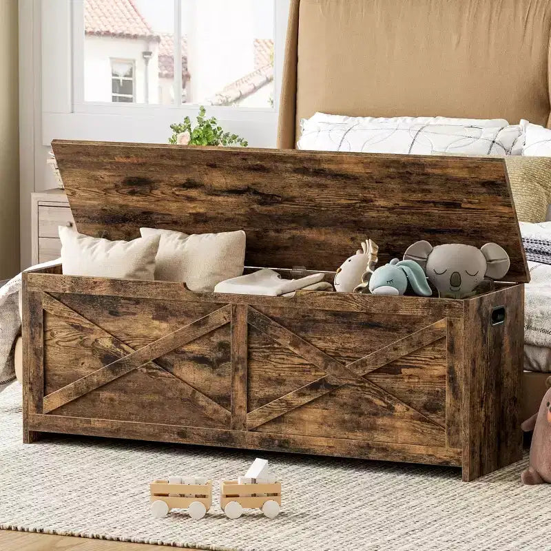 Banc de rangement de 119 cm avec charnière de sécurité, grande malle à jouets en bois pour chambre ou entrée